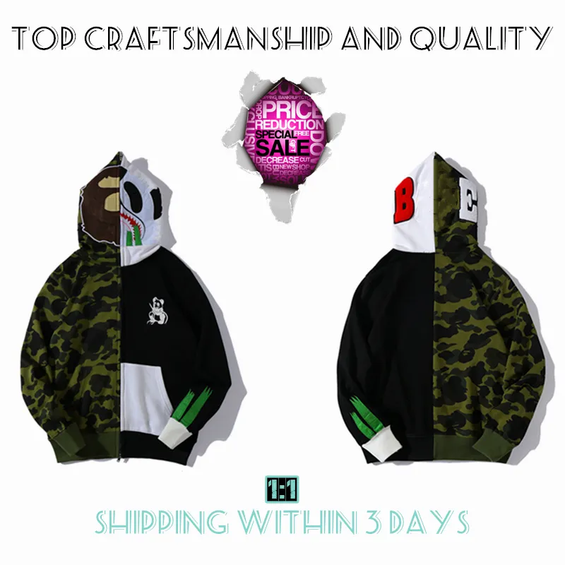 Shark full zip Mens hoodies tiger jacket Top Craftsmanship designer men women Harajuku stylist sweatshirt Fashion co-branding camouflage Double hat hoodys 3-6