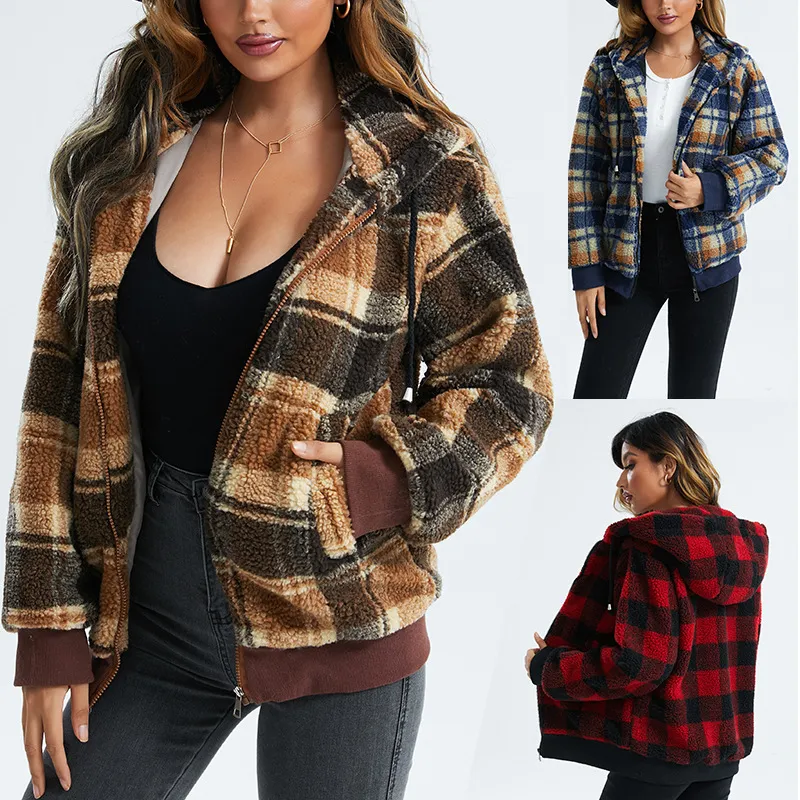 Women Coat Winter Faux Fox Fur plaid coats hooded jacket Outdoor warmth Casual fashion leisure street thanksgiving gift long sleeve jackets SIZE S/M/L/XL/2XL/3XL