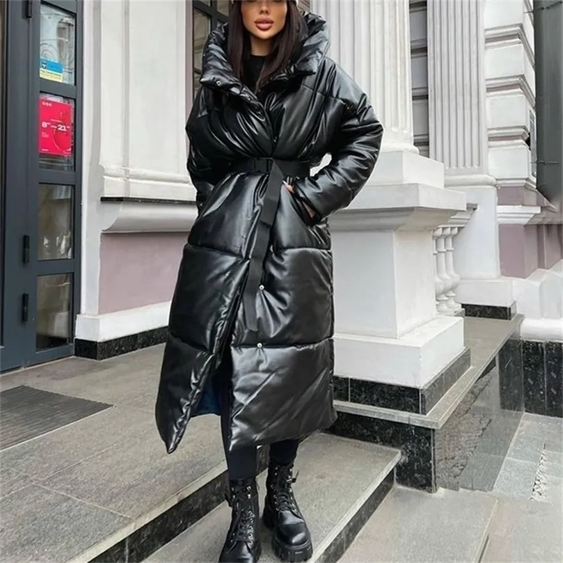 Malina Hooded PU Down Parka For Women Elegant Tie Belt Long Puffer Coat