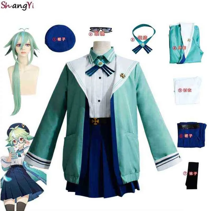 Game Genshin Impact Cosplay Kostuum Leuke OnePlus Sucrose Genshin Impact Cosplay Cute JK Uniform Volledige set pruike bril H220801