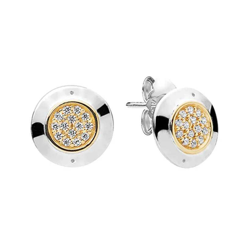 Scintillanti orecchini a bottone in argento 925 con logo placcato in oro giallo gioielli classici da festa per donna uomo con scatola originale per orecchini a disco Pandora