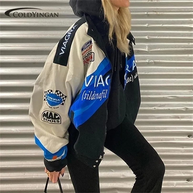 Femmes Vestes Vintage Surdimensionné Imprimer Beau Moto Racing Costume Veste Femmes Rue Hiphop Couple Coupe-Vent Y2K Bomber Veste Hommes 221007