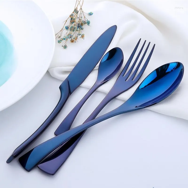 Servis uppsättningar 4st Purple Cutery Set rostfritt stål Blue Knife Fork Table Black Table Seque Drop