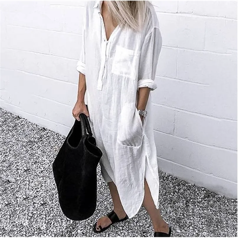 Casual Dresses Women Shirt Dress Spring Summer Lapel Button L￥ng￤rmning Sidan Split Elegant Solid Work Office Vestidos Female Tunic Robe 221007