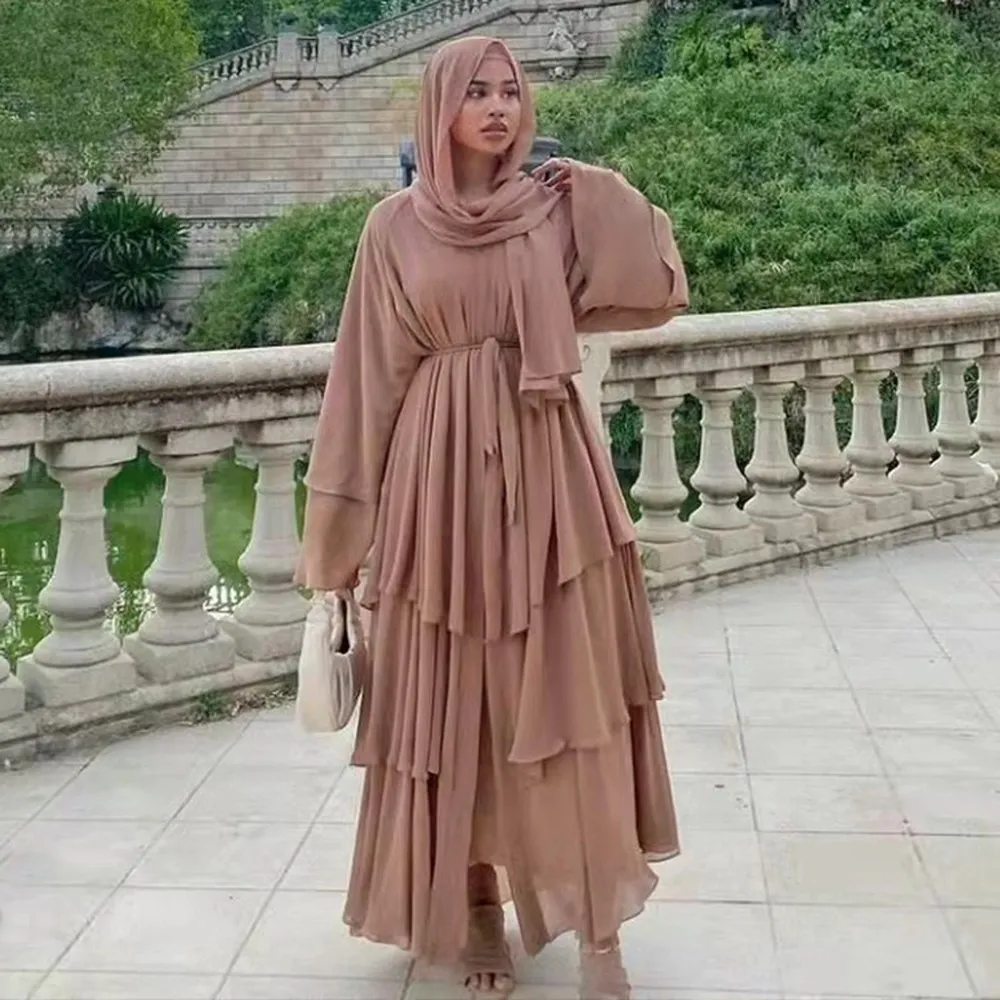 Etniska kläder 2 stycken Set Hijab Muslim Dres Chiffon Big Swing Turkish Long Dresses Caftan Marocain Abaya Dubai Suit Female Robe 221007