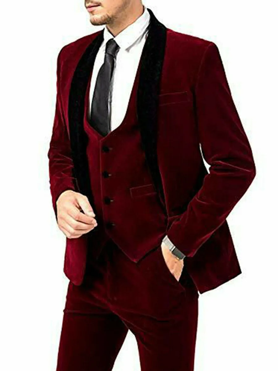 Custom-made Groom Tuxedos Velveteen Men Suits Shawl Lapel Groomsmen Wedding/Prom/Dinner Man Blazer Jacket Pants Tie Vest M163