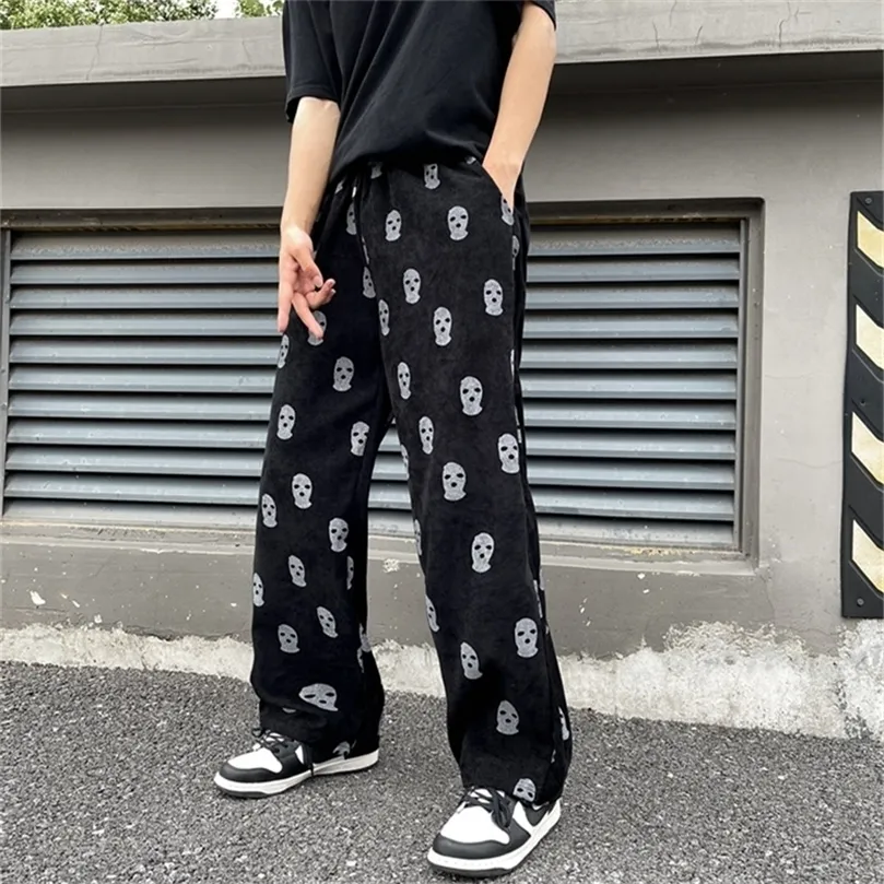 Mens Pants Preppy Style Skull Full Print Drawstring Casual Corduroy Men Baggy Pants Hip Hop Straight Sweatpants Male Loose Trousers 221007