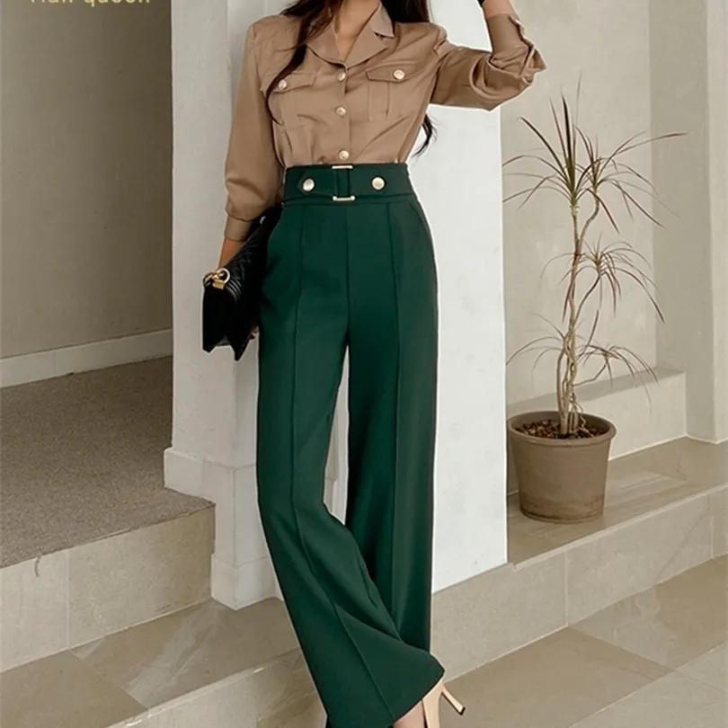 Womens Two Piece Pants H Han Queen Autumn Occupation 2Piece Suits Women Elegant Long Sleeve Shirts Top Simple High Waist Pants Coreano Casual Set 221007