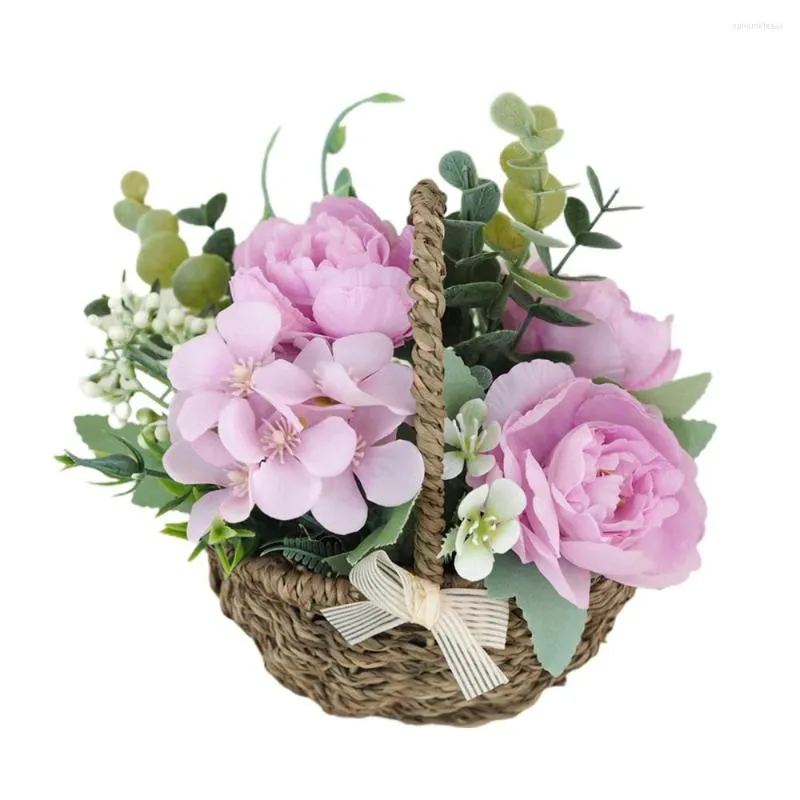 Decorative Flowers Furnishing Articles Bowknot Hand Woven Flower Basket Miniature Potted Plant Modern Home Decoration Ornament