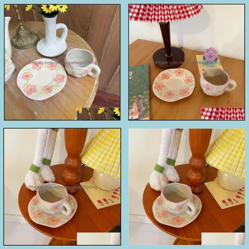 Tazze Piattini Stile vintage retrò Fiore rosa Pizzico a mano Tazza da caffè e piattino Set tè pomeridiano Tazza in ceramica Drop Delivery 2021 Home Dhcvv