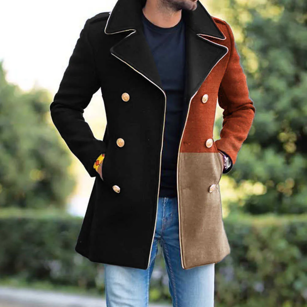 Men's Fur Faux Fur Autumn and winter 2022 new coat lapel youth color-blocking wool casual double-breasted trench coat for men T221007