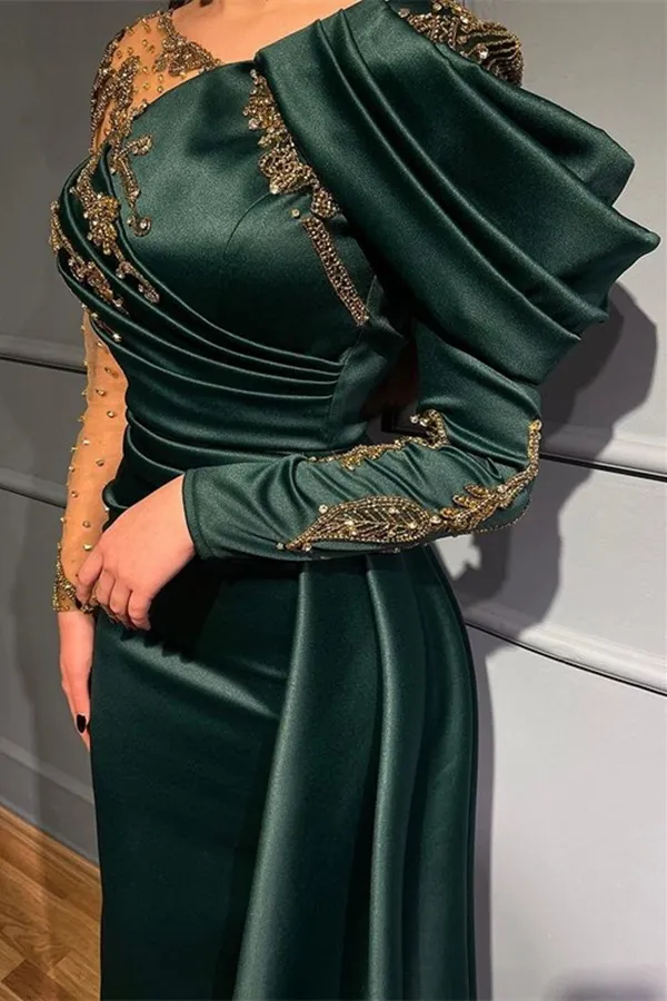 Arabic Dubai Gold Lace Applique Mermaid Prom Gown with Beaded Long Sleeves and Satin - Elegant Jade Green dark Green evening dress for Celebrity Arabic Dubai Gold Lace Applique Mermaid Prom Gown with Beaded Long Sleeves and Satin - Elegant Jade Green dark Green evening dress for Celebrity