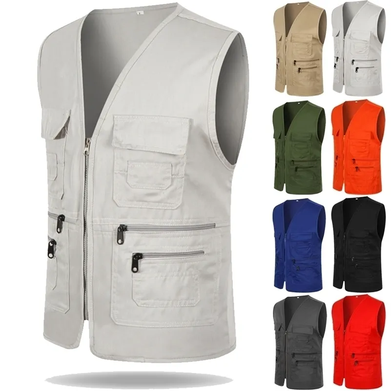 Gilets pour hommes multi-poches décontracté pêche couleur unie salopette sans manches fermeture éclair directeur 221008