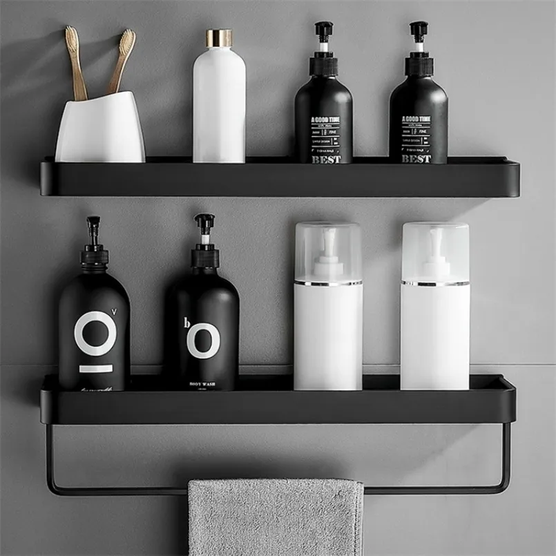 Étagères de salle de bain étagère sans perceuse organisateur douche étagère de rangement noir coin mural en aluminium toilette porte-shampooing 221007