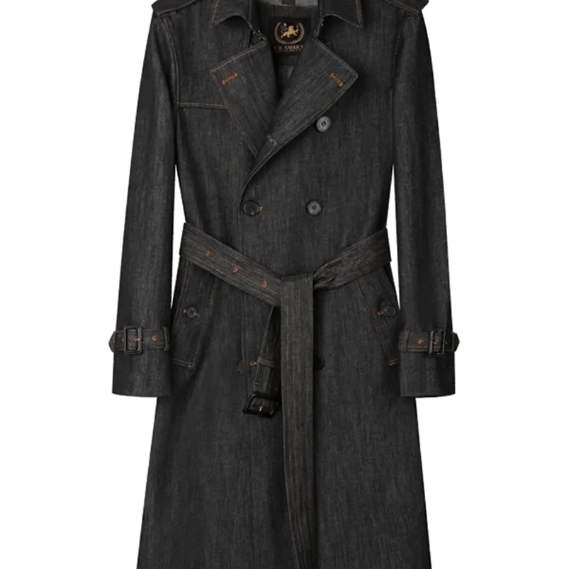 Herren-Trenchcoats Lange Denim-Windjacke für Herren über dem Knie, zweireihig, britischer Jean-Trenchcoat, verdickte warme Herbst- und Winterjacke 221007