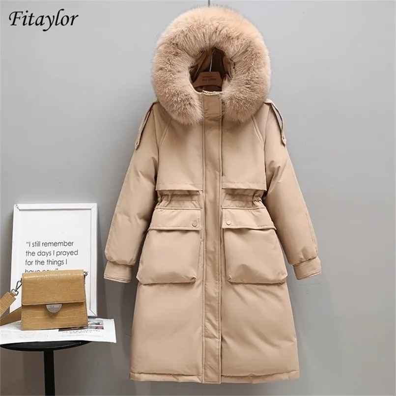 Women's Down Parkas Fitaylor Winter Women Long Jacket Large Natural Fur Collar Hooded Parkas 90% White Duck Down Coat Thickness Snow Warm Outwear 221007