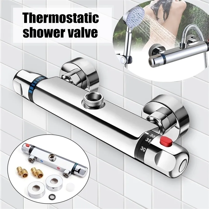 Badezimmer-Duschköpfe, Messing, Chrom, Thermostat-Wasserhahn-Mischer, Wert, Doppelgriff, Badewanne, kalt, Wandmontage, 221007