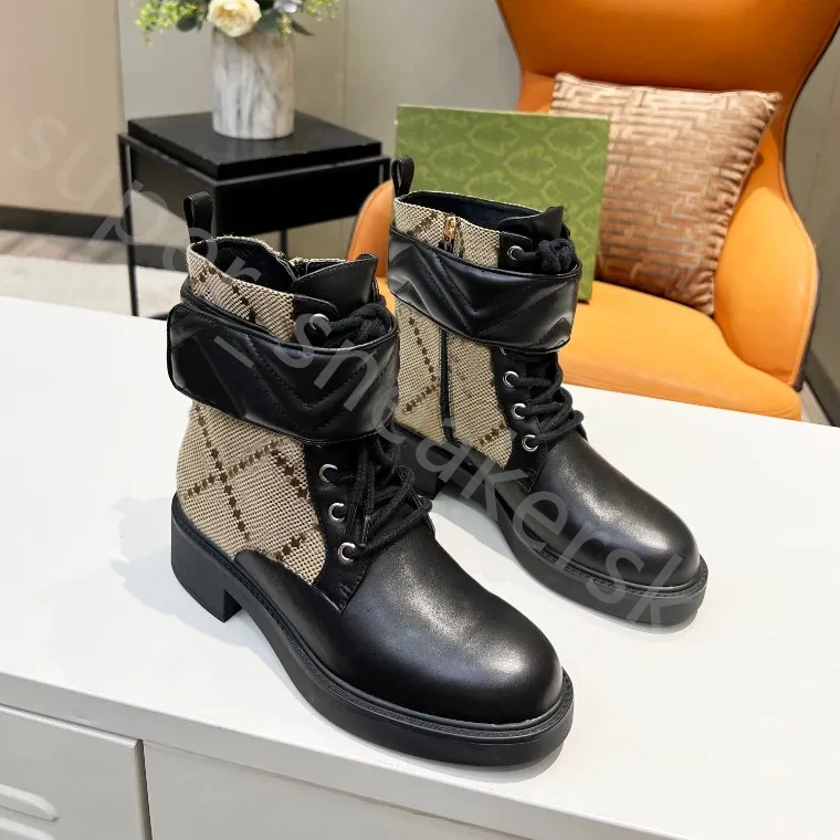 New Women Designer Plaque Boots Combat Metal Travel Belt buckle High Heel Winter Ankle Boot Fashion Leather Martin Bootss Lace up Booties With box size 35-42