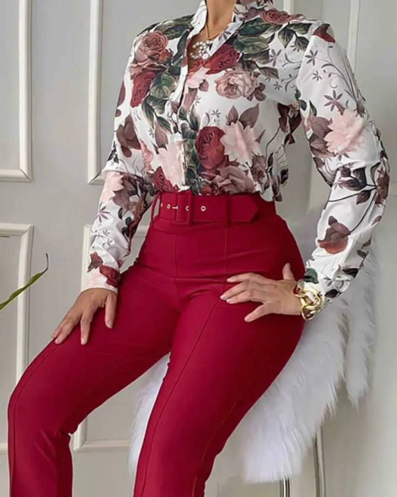 Onsoyours Ensemble de Vêtements 2 Pièces Femme D'été Imprimé Floral T-Shirt Manches 3/4 Pantalon Large Taille Haute Party D'Intérieur Jogging C Blanc XS
