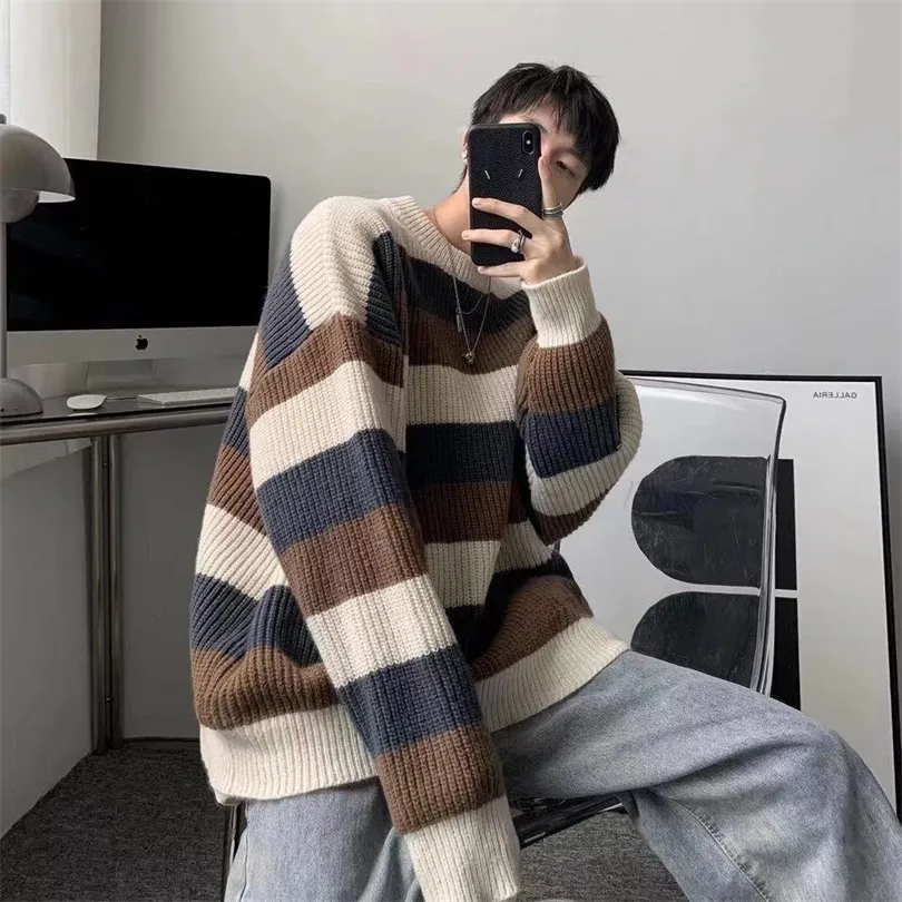 Mens Sweaters Japonya Tarzı Çizgili Sweater Erkek Ona Sakil Kazak Erkekler İçin Kazan