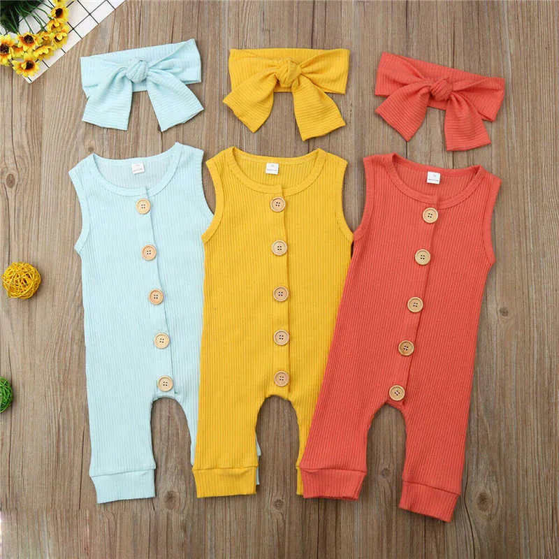 Rompers 2020 Zomer mouwloze gebreide pasgeboren babymeisje Kleding Solid Color Romper Jumpsuit Soft Baby Playsuit Hoofdband Outfit J220922