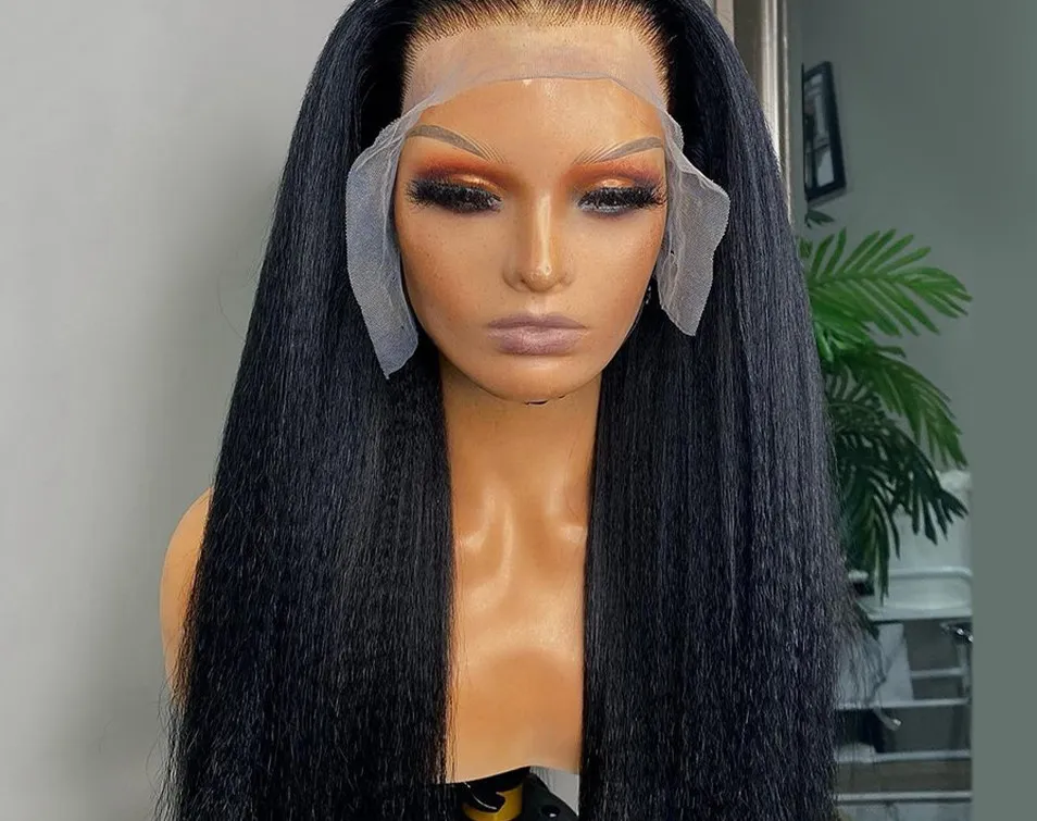 Yaki Kinky Full Dantel İnsan Saçlı Peruk Siyah Kadınlar İçin Glueless 360 Frontal Peruk% 130 Yoğunluk Doğal Renk Diva1