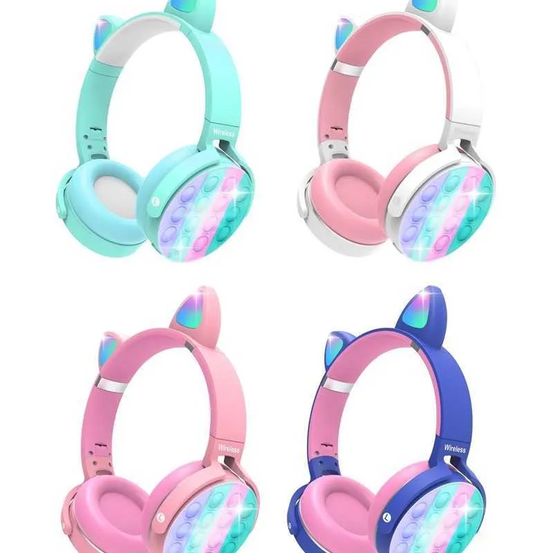 Wireless Bluetooth Headset Cute Cat Ear Stereo Earphones With Light LED Luminous Childrens Headphones Push Bubble Fidget Toys