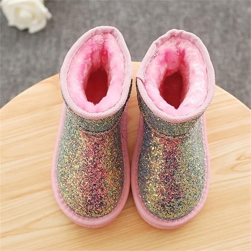 Boots Winter Kids Snow Plush Warm Fashion Sequins Solid Color Girls Ankle Children Little Girl Size 26-36 SL022 221007