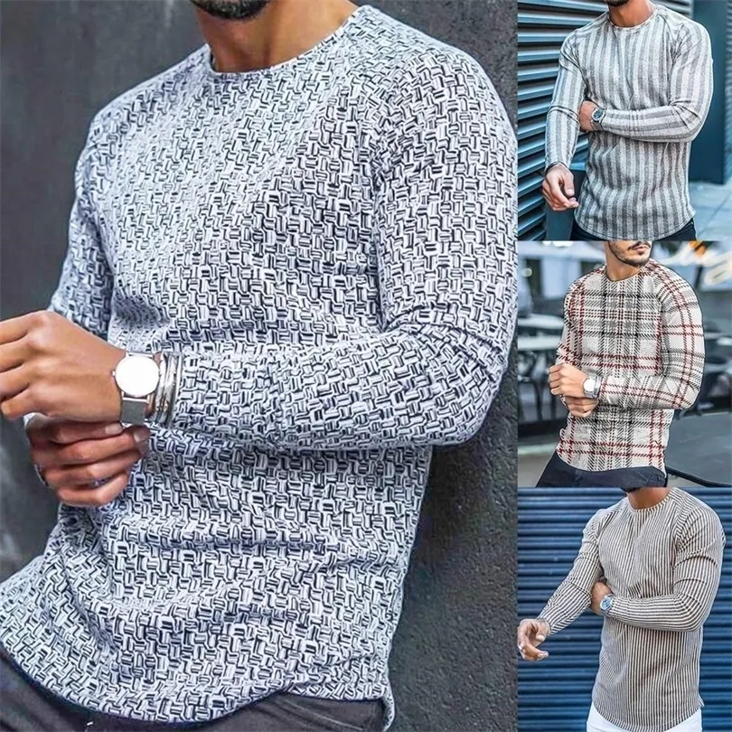 Herren Pullover T-shirt Langarm Slim Top Baumwolle Mischung Männer Streifen Plaid Print Männlich Pullover Pullover für Herbst Männer kleidung Casual Streetwear 221008