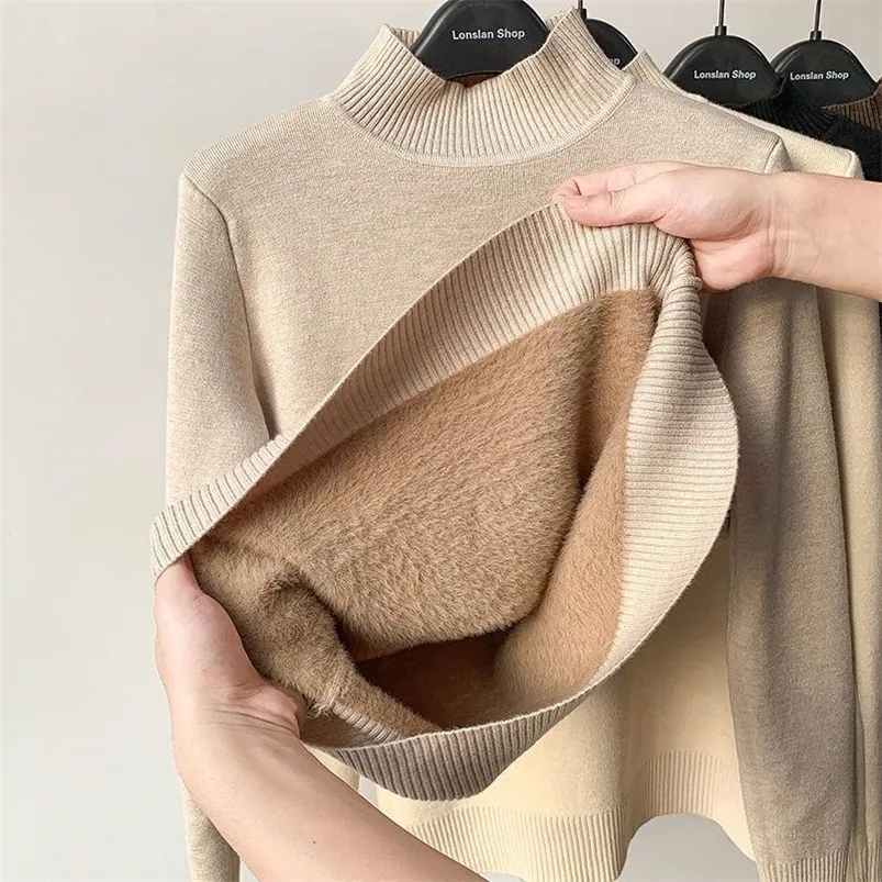 Women's Knits Tees Vintage Turtleneck Winter Sweater Casual Knitted Pullovers Fashion Clothes Simple Fleece Lined Warm Knitwear Woman Base Top 221007