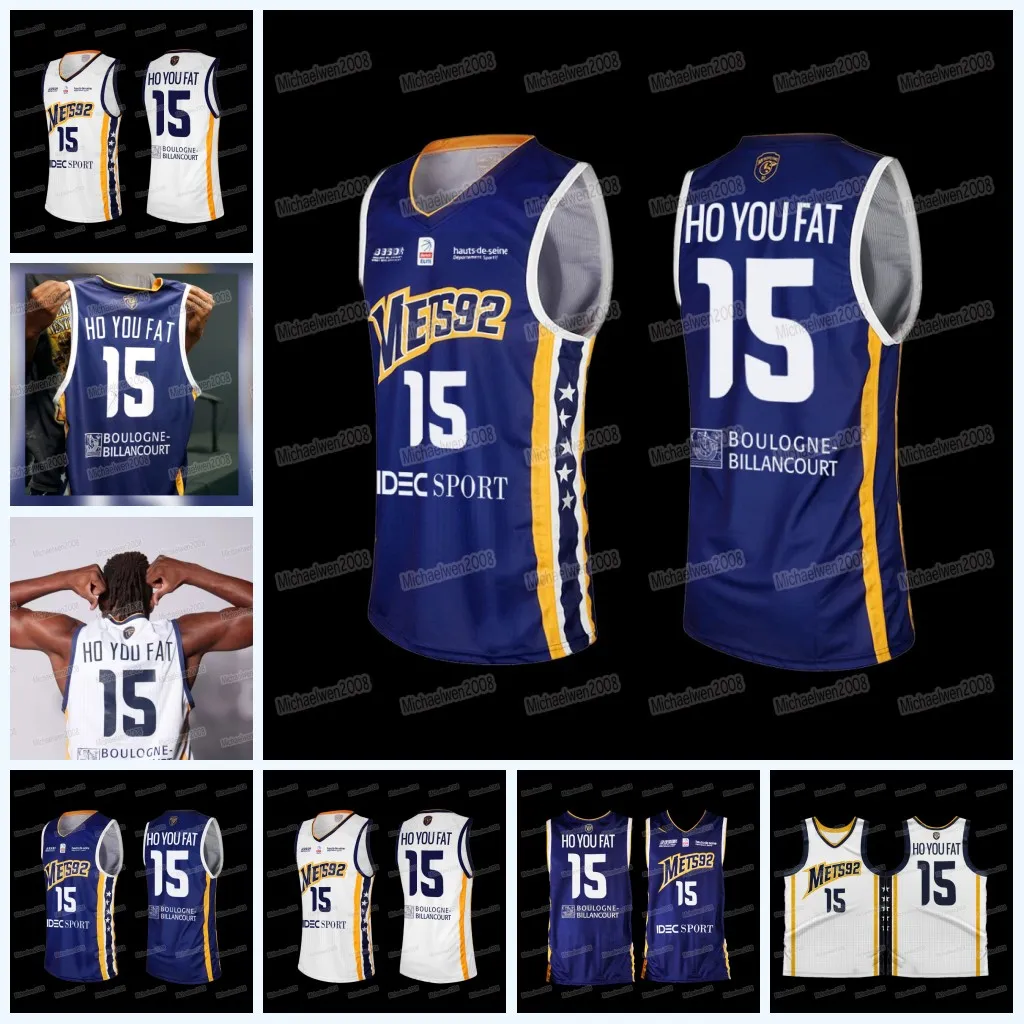 Maglia da basket francese personalizzata Steeve Ho You Fat Mets Metro 92 White Metropolitans 92 # 15 Maglie blu da trasferta