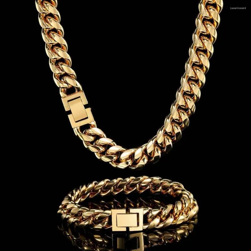 Cadenas Collar grueso chapado en oro de 24 quilates Cadena de eslabones cubanos con bordillo plano de Miami de acero inoxidable pulido alto para hombres