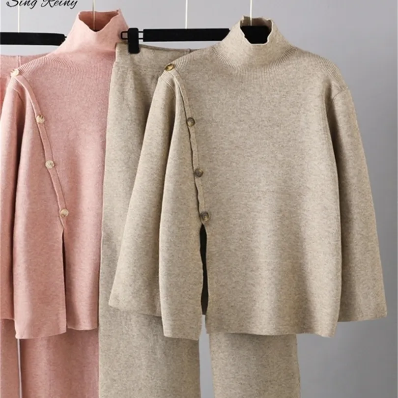 Kvinnor Tvåbitar byxor Singreiny Women Casual Turleneck Sticked Suits Chic Button långärmad toploose wied ben pant mode vinter två stycken set 221007