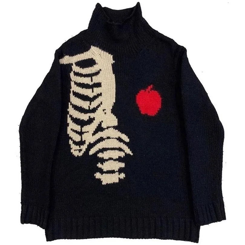 Mens Sweaters Women Vintage Knitted Sweater Autumn winter Pullover Unisex Y2K harajuku Men Oversized Sweater Black Loose Skeleton Anime Print 221008