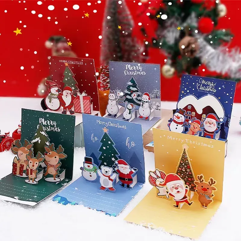 Biglietti d'auguri natalizi 3D con busta adesiva Etichette regalo Articoli novità Decorazione albero Ornamento Etichetta di carta Babbo Natale Pupazzo di neve Stampa cervo RRE14788