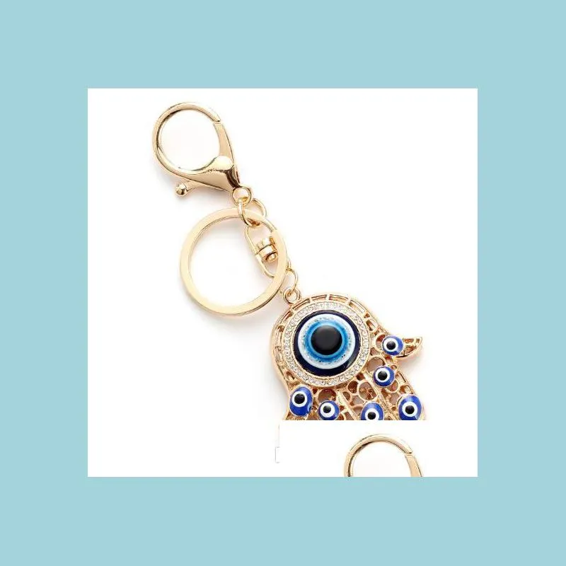 Key Rings Hollow Fatima Hamsa Hand Turkey Blue Eyes Key Chain Alloy Glass Evil Eye Keychains Car Handbags Accessories Lobst Mjfashion Dhtsa