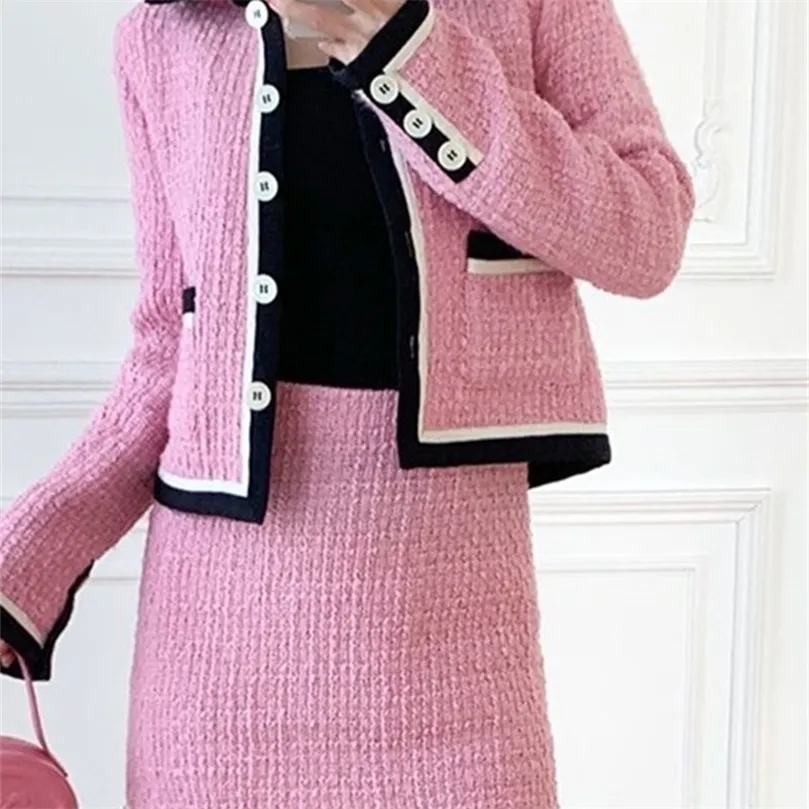 Damenjacken Frauen Farbe Patchwork Tweed Coat Mini oder Rock Set Lady Elegant Short Jupe SingleBreastted Jacke mit Taschen Herbst 221007