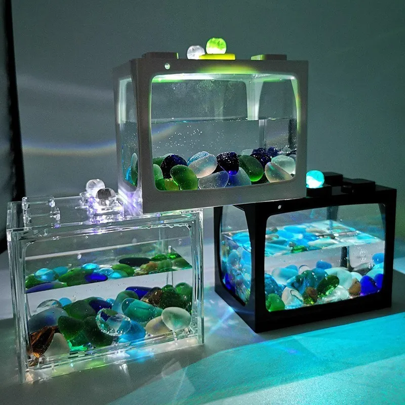 Aquários USB Mini Fish Tank Betta Mini Aquarium com LED Light Creative Building Block Home Office Tea Table Decoration Box 2201007