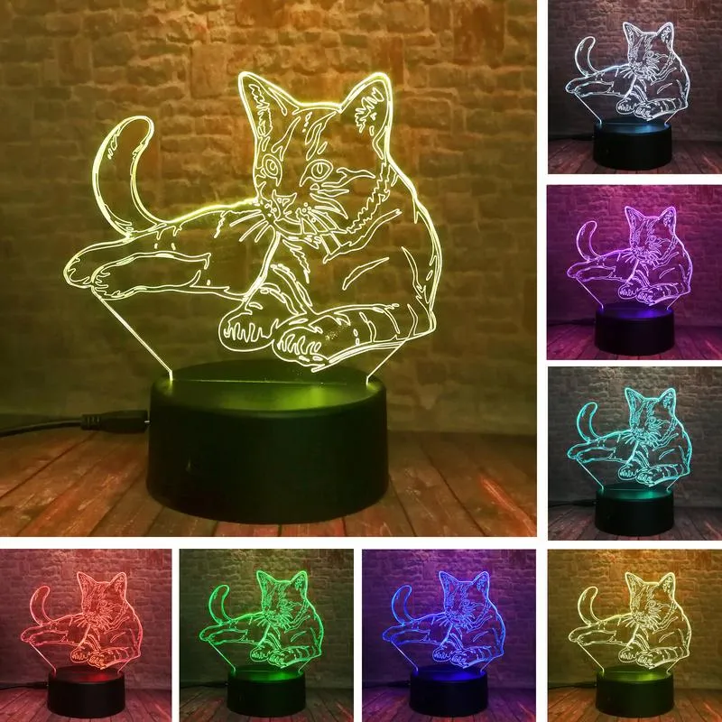 Luci notturne Illusione 3D Gatto sdraiato Lampada a LED Acrilico 7 colori Cambia luce notturna Tocco USB con telecomando Ideale per la camera da letto