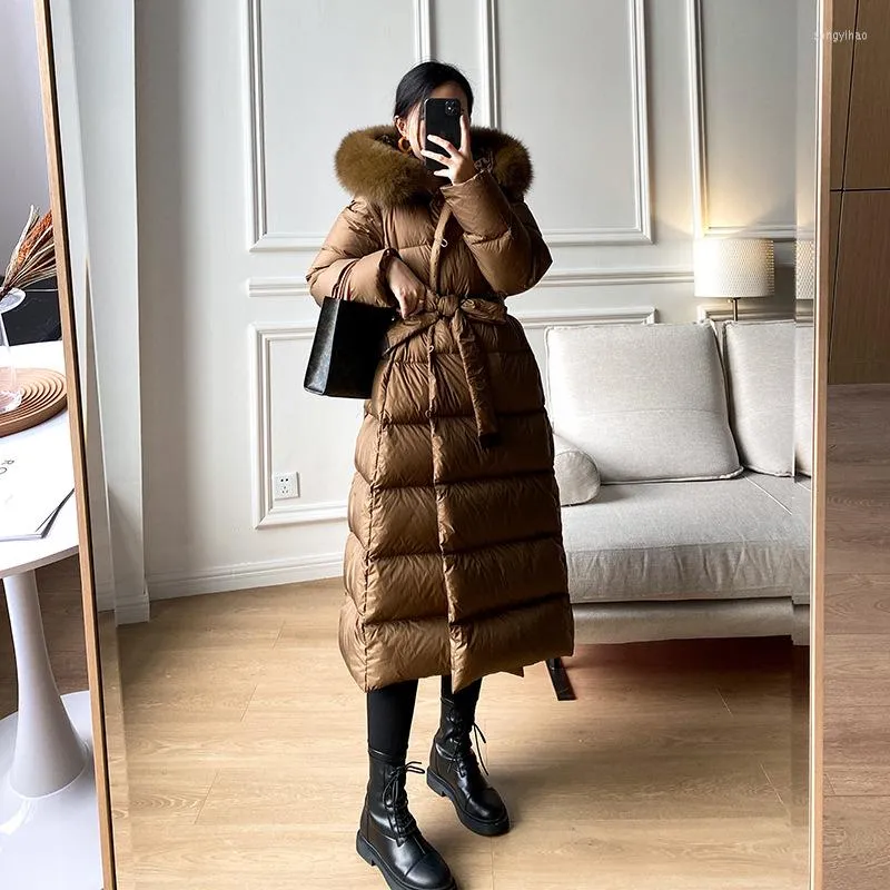 Women's Trench Coats Winter Women's Coat Long White Duck Down Female Solid Puffer Jacket Hooded Real Fur Collar Quality Detachable