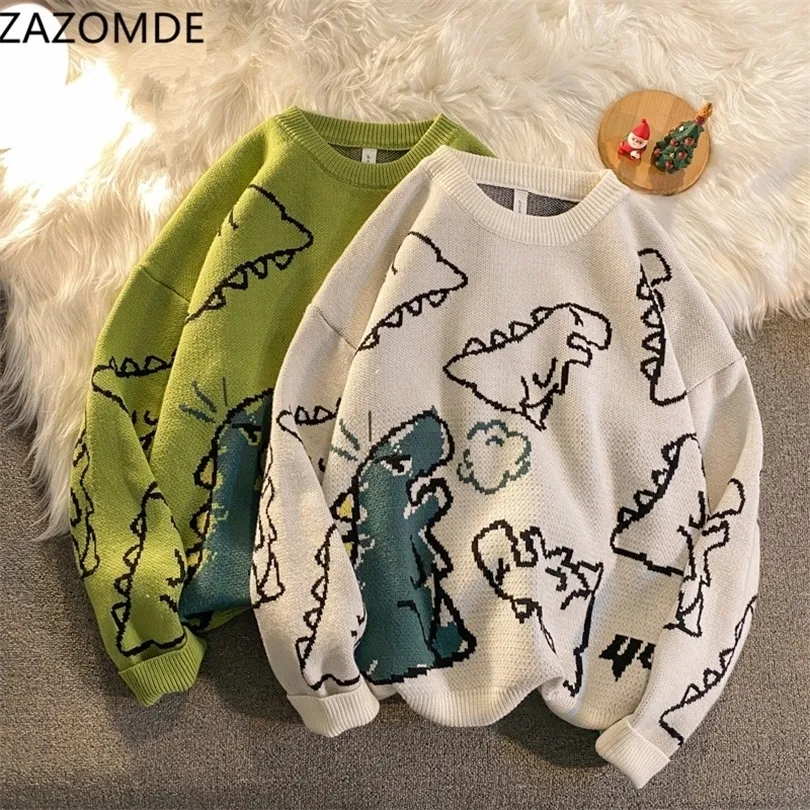 Mens Sweaters Zazomde Harajuku Moda Knited Kadın Sweater Sevimli Karikatür Dinozor Kazak Sweaters Moda Sokak Giyim Jumper Çekme 221008