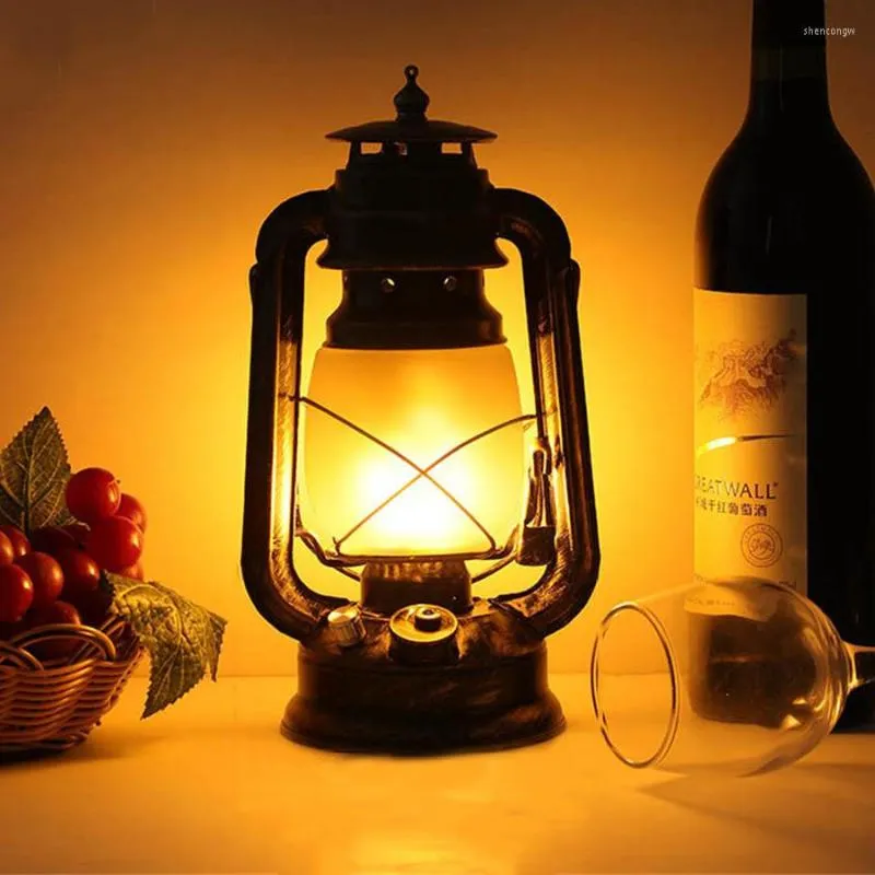 Lampy stołowe Retro Camping Light Kerosene Flame Lampa przenośna Outdoor Lantern ładowna barowa kawiarnia restauracja nocna noc