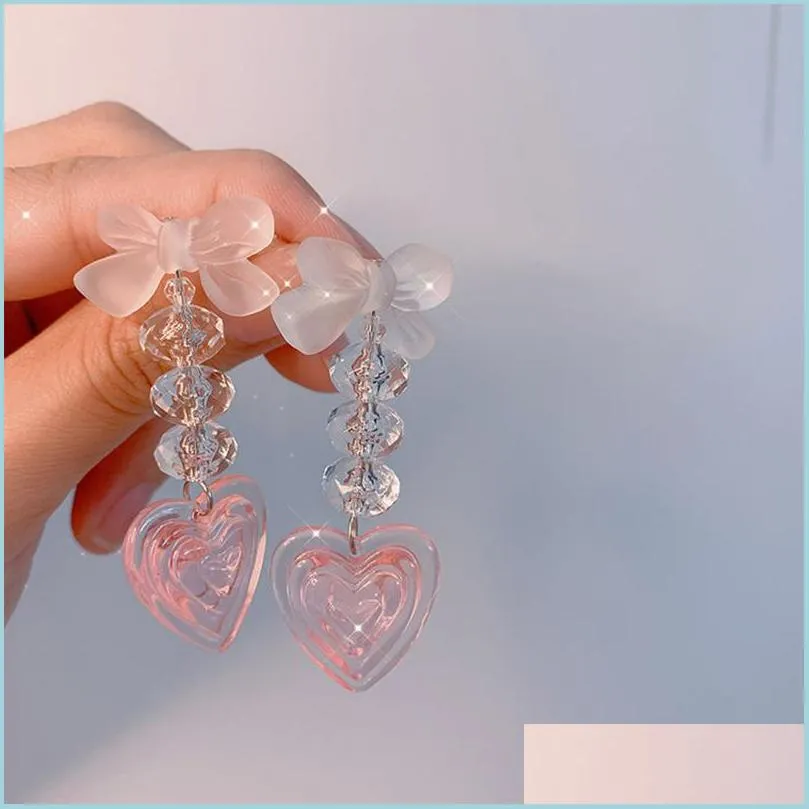 Dangle Chandelier Vintage Pink Y2K Peach Heart Tassel Dangle Earrings For Women Harajuku Bowknot Korea Stud Earring Resin Lulubaby Dhhnb