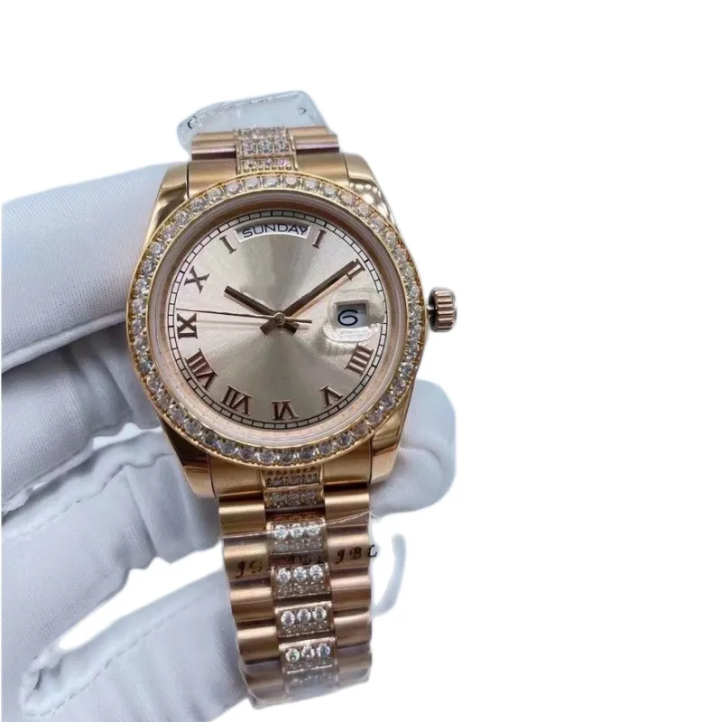 7スタイルメンズウォッチ36mmデイデートダイヤモンド数字ダイヤル18kゴールドファッション自動機械的ローズステンレス鋼の高級腕時計