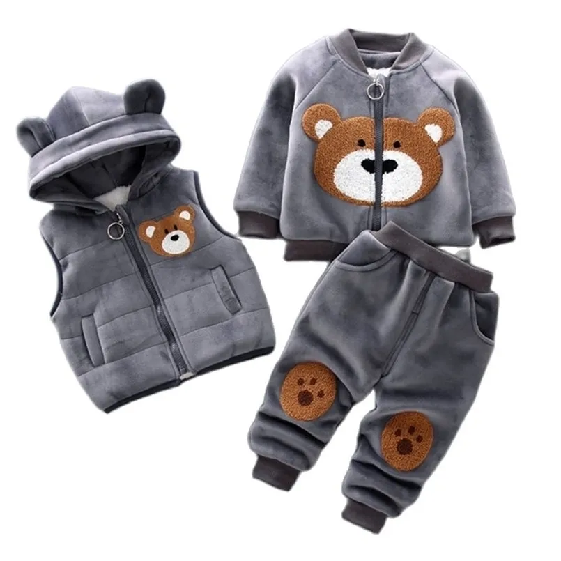 Kledingsets herfst winter babyjongens kleren dikke fleece cartoon beren jas vest broek 3 stks katoen sport pak voor meisjes warme outfits 221007