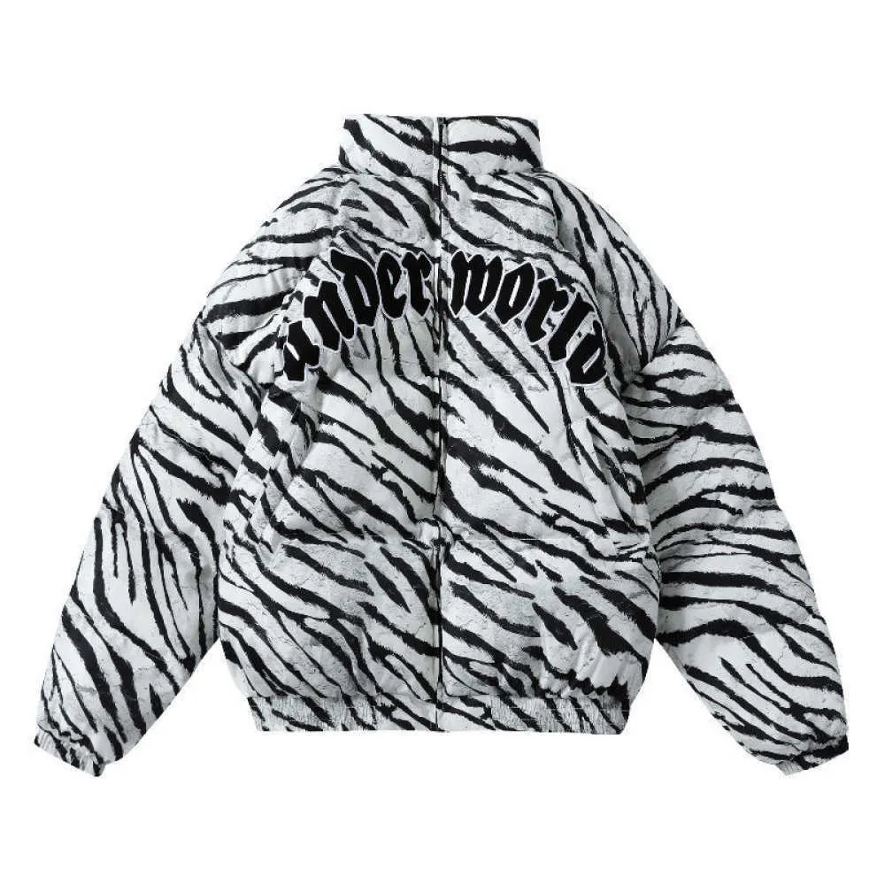 Heren Down Parkas Piumino Uomo Men Bomber Jackets Zebra Print Borduurwerk Parkas Harajuku Paren Cotton Down Bubble Coat Winter Streetwear T221006