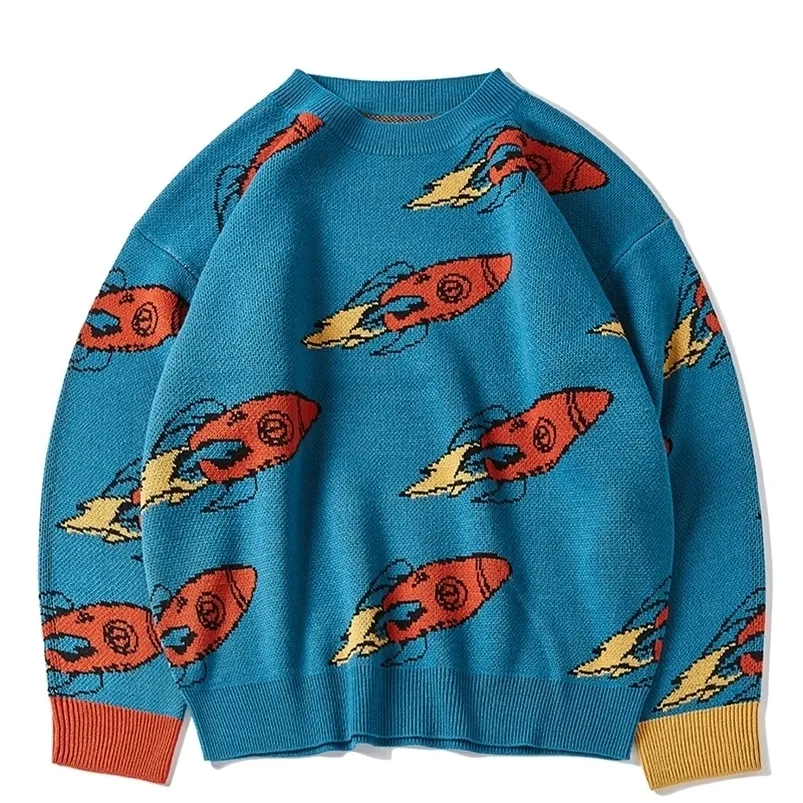 Erkek Sweaters Harajuku Sweater Erkekler Komik Roket Deseni SPANDEX O-YAZLI Boy büyüklüğünde Hip Hop Sokak Giyim Sonbahar Erkek Kadın Sweaters 221008