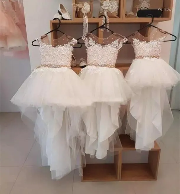 Robes de fille en dentelle Beige, haute et basse, à fleurs, pour mariage, pure plage, ceinture perlée, robe de bal, robe de fête de première Communion