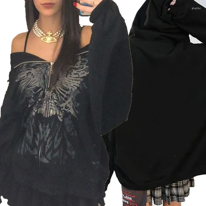 Kadın Hoodies Kadın Sweatshirts Gotik Grunge Punk Kelebek Baskı Büyük Boy Boy Lip Üst Y2K Sokak Giyim Kapşonlu Uzun Kollu