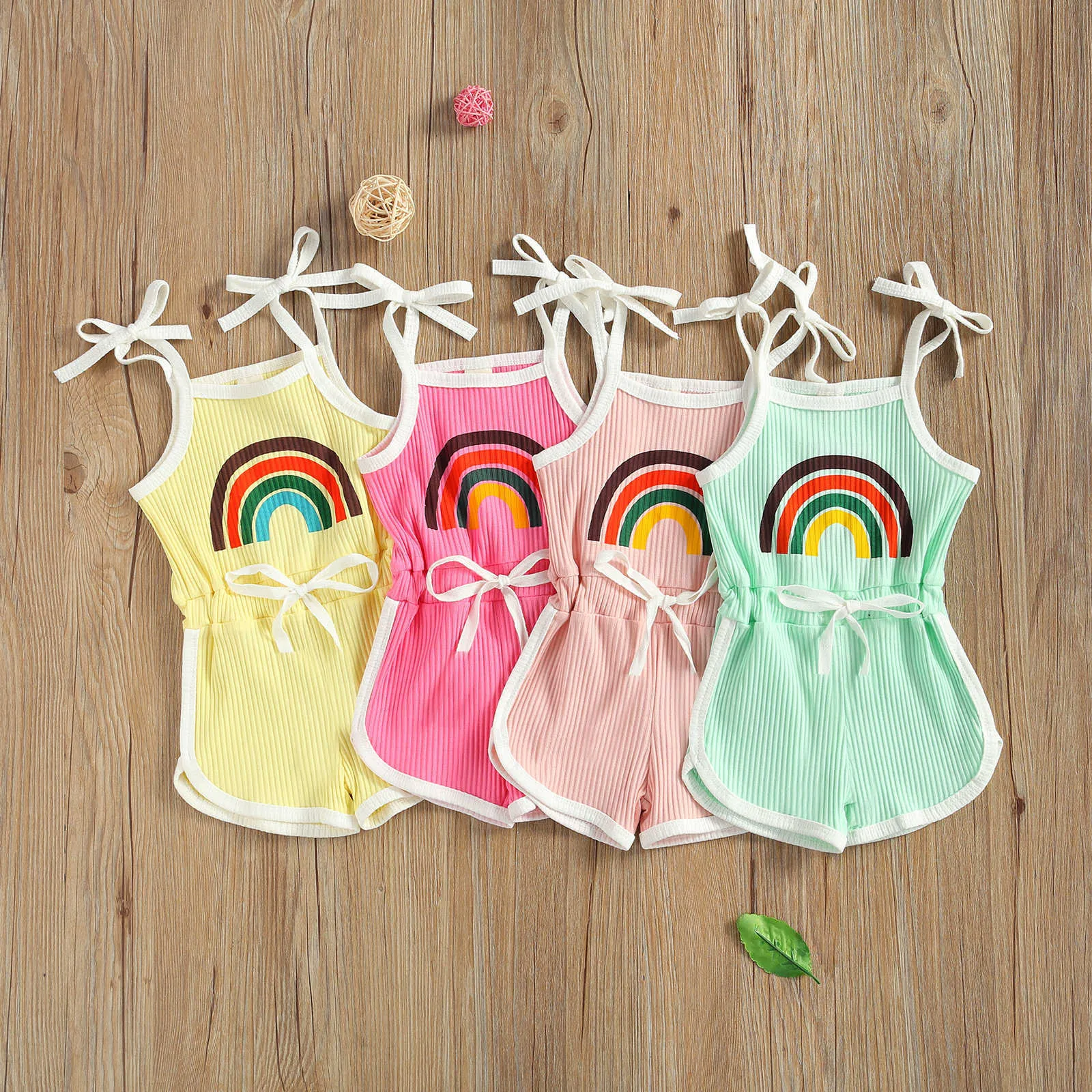 Rompers 04y Summer Summer Baby Baby Girls rompers Rainbow Print Serpless Chemustring Belesuits Kid Baby Girl Suits Clothing J220922